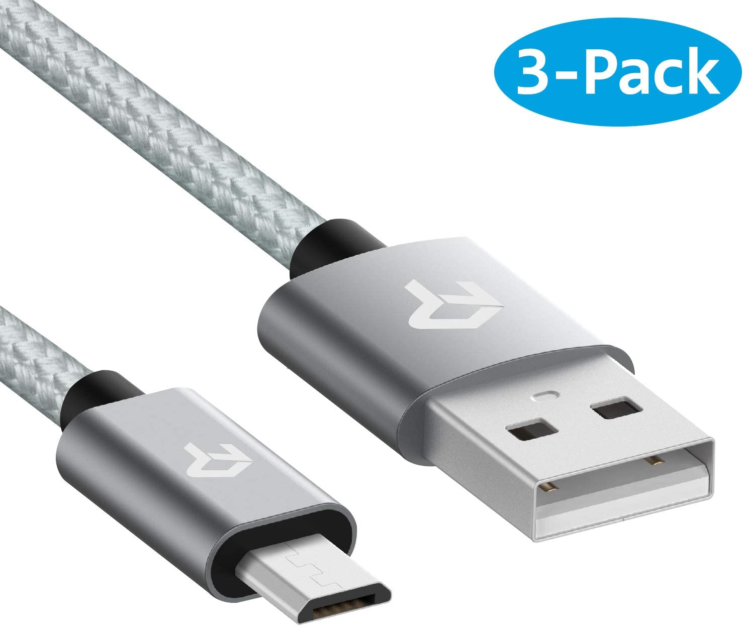 Rankie Micro USB Cable High Speed Data and Charging, Nylon Braided Charger Cord, 3-Pack, 3 Feet