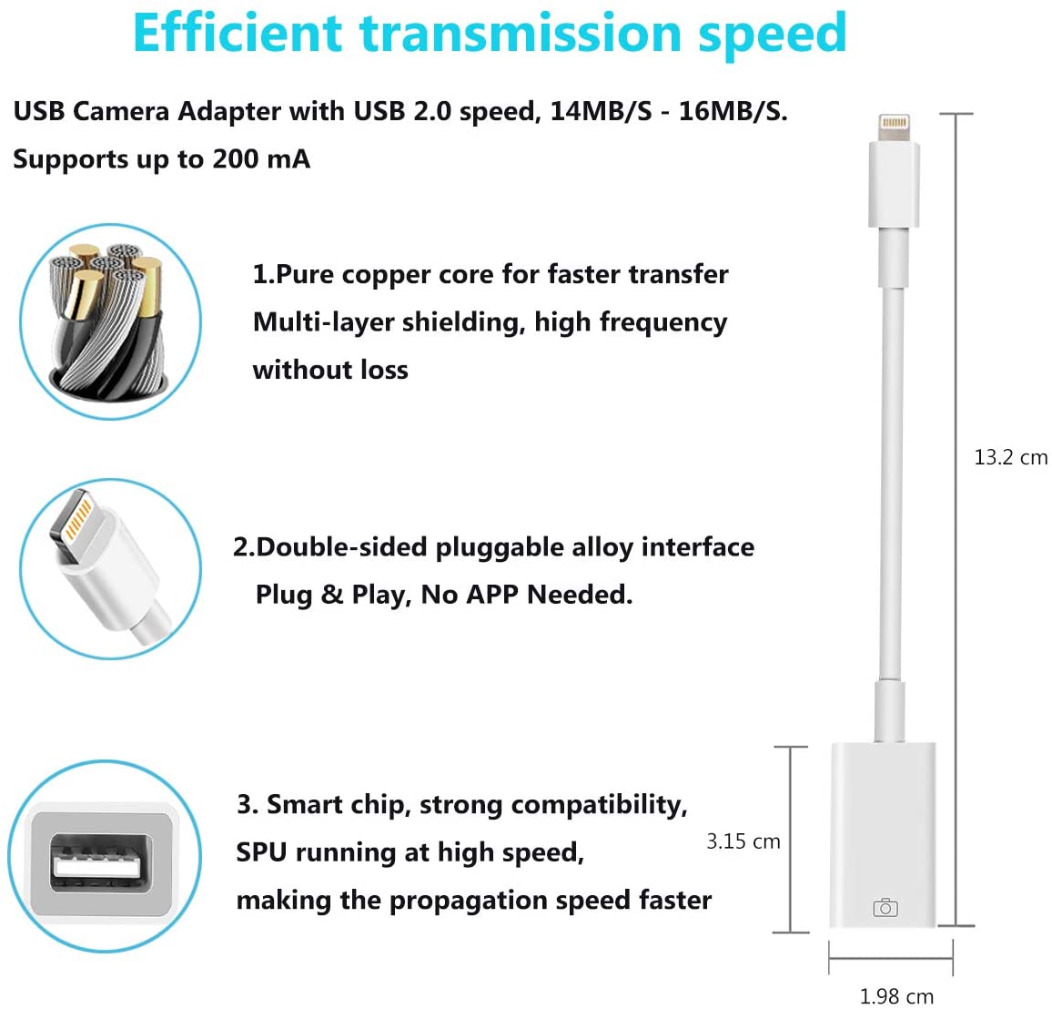 USB Camera Adapter, USB 2.0 Female OTG Adapter Compatible with Phone/Pad, Support Connect Camera, Card Reader, USB Flash Drive, Keyboard ,Support iOS 9.2 or Later, No APP Needed, Plug & Play -White