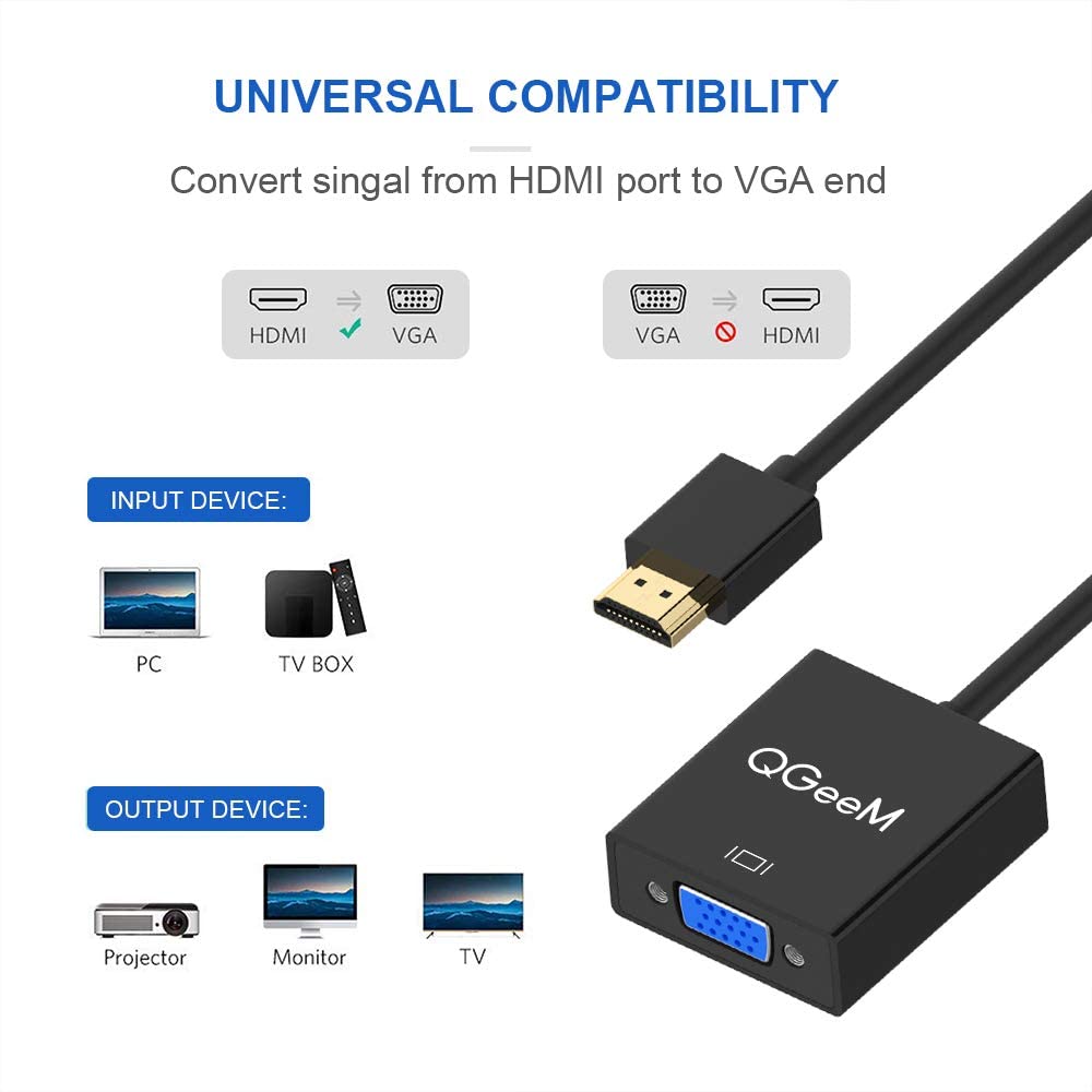 HDMI to VGA,QGeeM Gold-Plated HDMI to VGA Adapter (Male to Female) Compatible with Computer,Desktop,Laptop,PC,Monitor,Projector,HDTV, Chromebook,Raspberry Pi,Roku,Xbox and More(Black)