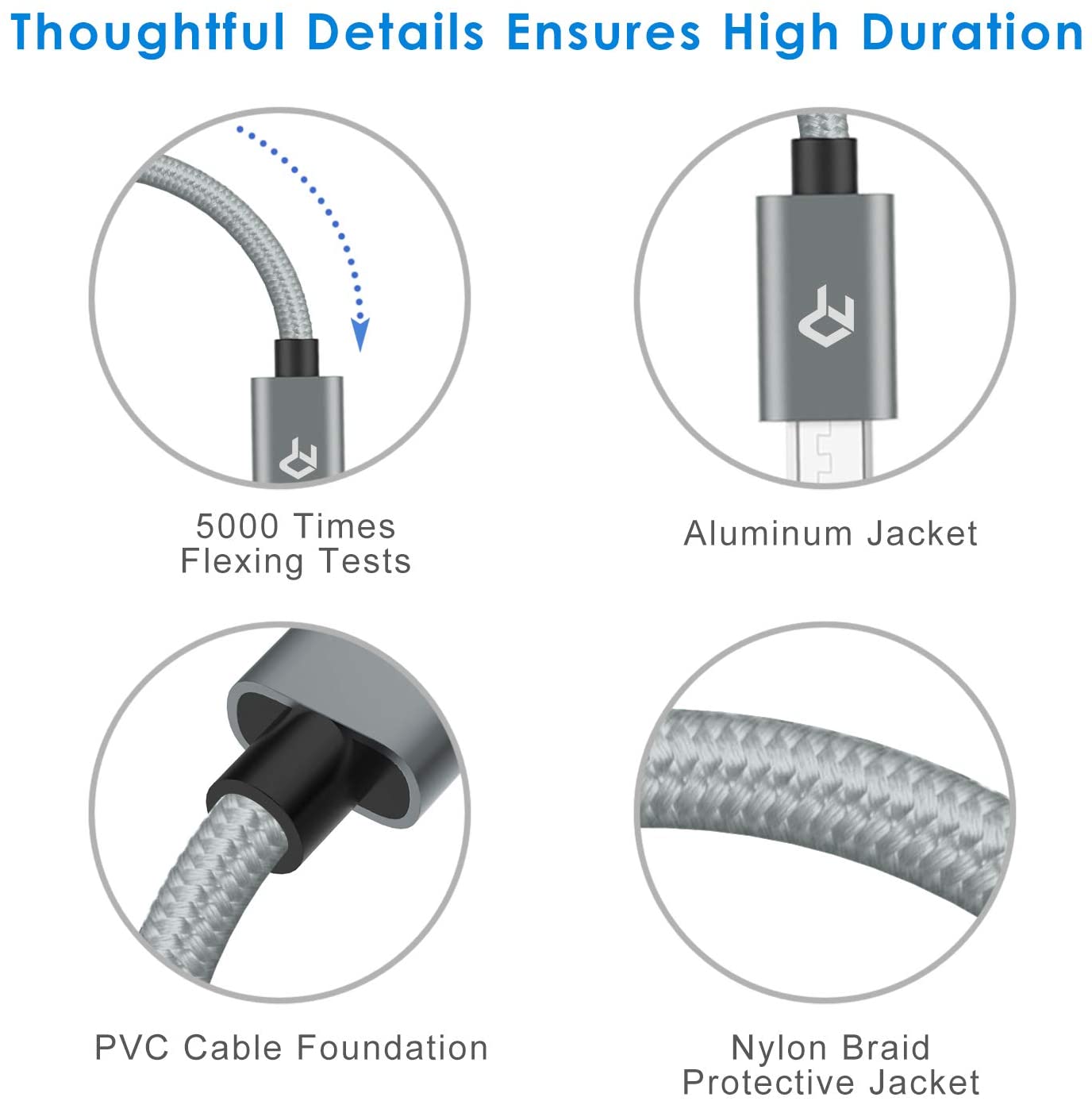 Rankie Micro USB Cable High Speed Data and Charging, Nylon Braided Charger Cord, 3-Pack, 3 Feet