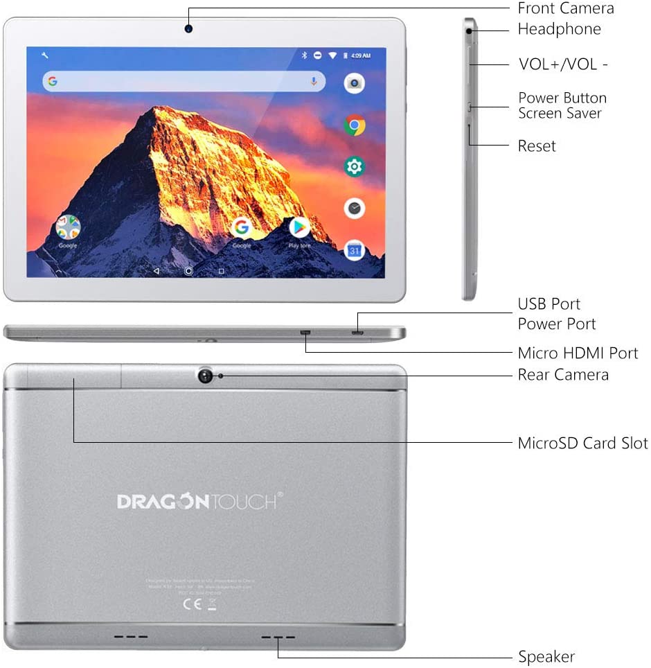 Dragon Touch K10 Tablet, 10 inch Android Tablet with 16 GB Quad Core Processor, 1280x800 IPS HD Display, Micro HDMI, GPS, FM, 5G WiFi (Silver)