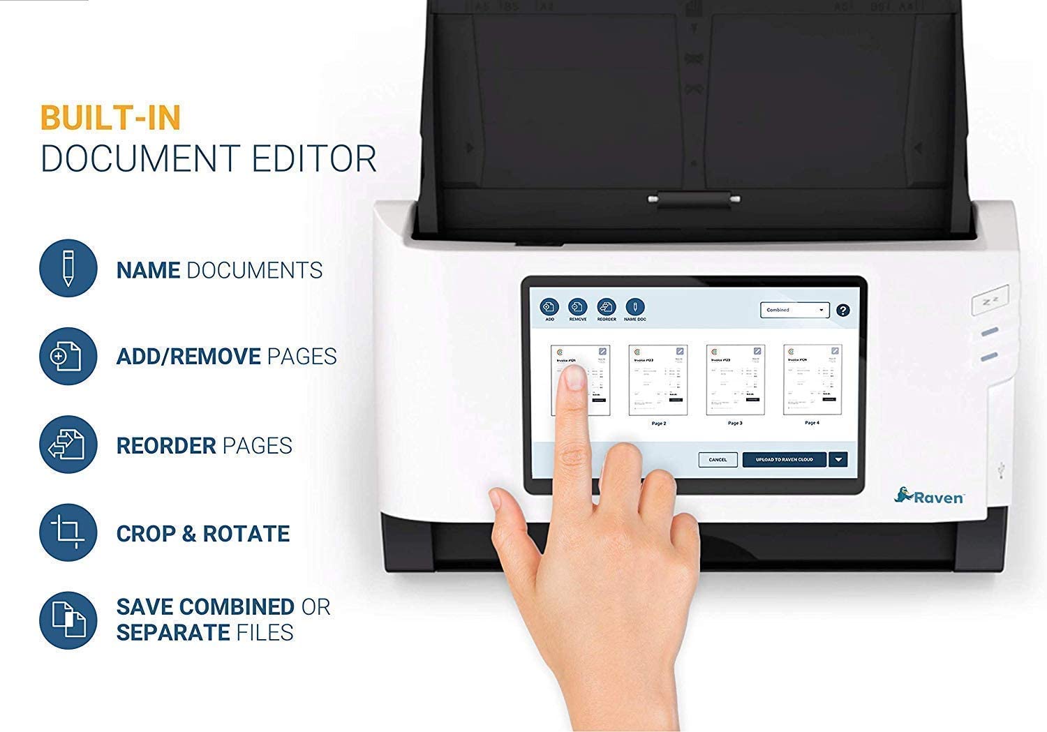 Raven Original Document Scanner - Huge LCD Touchscreen, Color Duplex Feeder (ADF), Wireless Scanning to Cloud, WiFi, Ethernet, USB, Home or Office