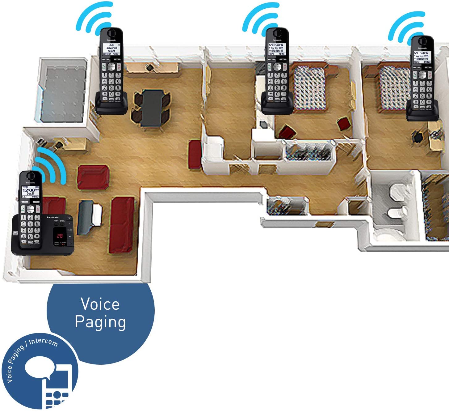 Panasonic DECT 6.0 Expandable Cordless Phone System with Answering Machine and Call Blocking - 3 Handsets - KX-TGE433B (Black)