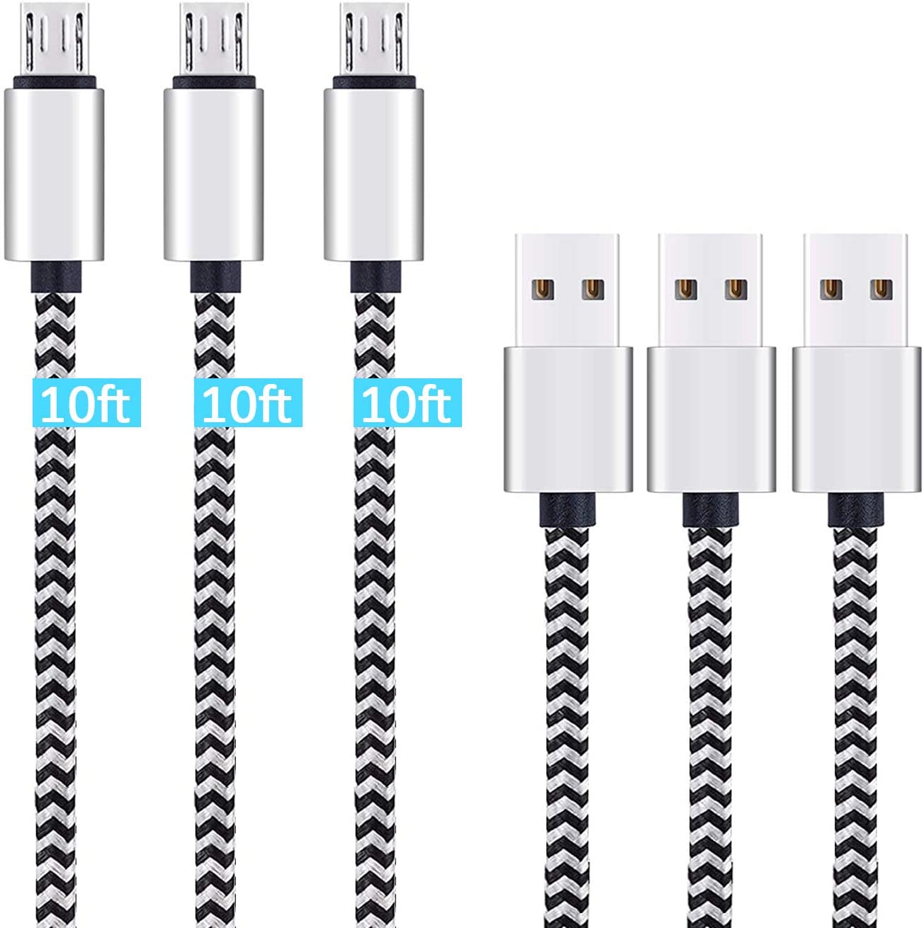 Micro USB Cable 10ft 3Pack by Ailun High Speed 2.0 USB A Male to Micro USB Sync Charging Nylon Braided Cable for Android Phone Charger Cable Tablets Wall and Car Charger Connection Silver&Blackwhite
