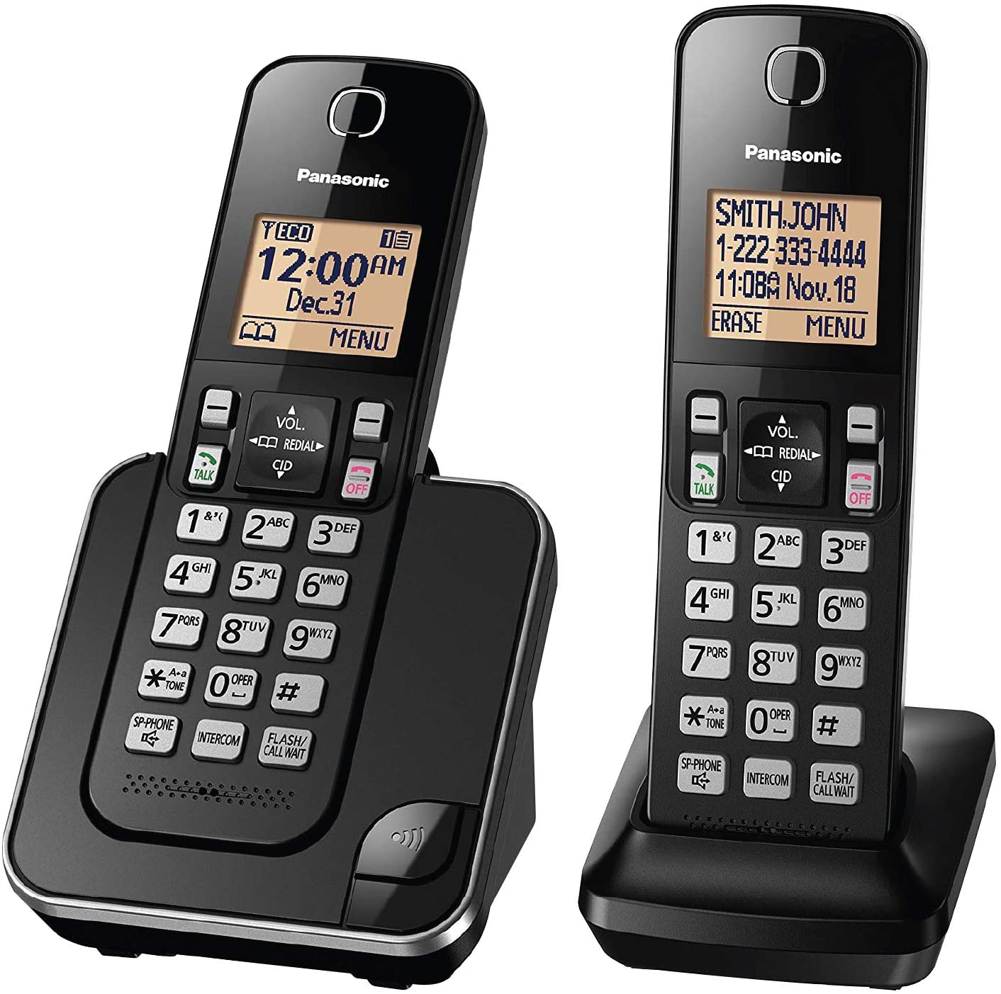 Panasonic Expandable Cordless Phone System with Amber Backlit Display – 2 Handsets – KX-TGC352B (Black)