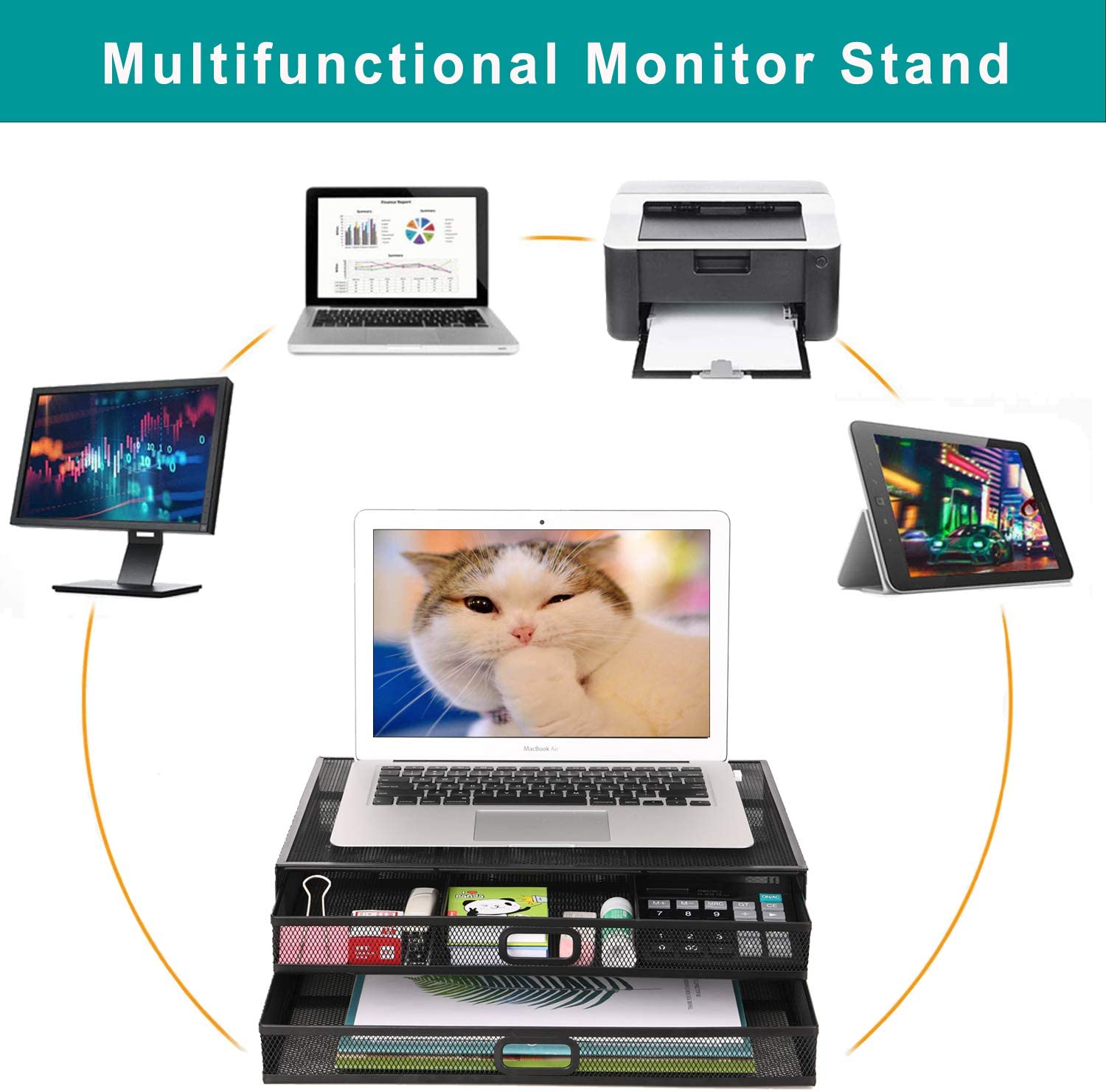 Monitor Stand Riser with Drawer - Metal Mesh Desk Organizer with Dual Pull Out Storage Drawer,Office Supply for Computer, PC, Laptop, Printer, Notebook, iMac (Black)