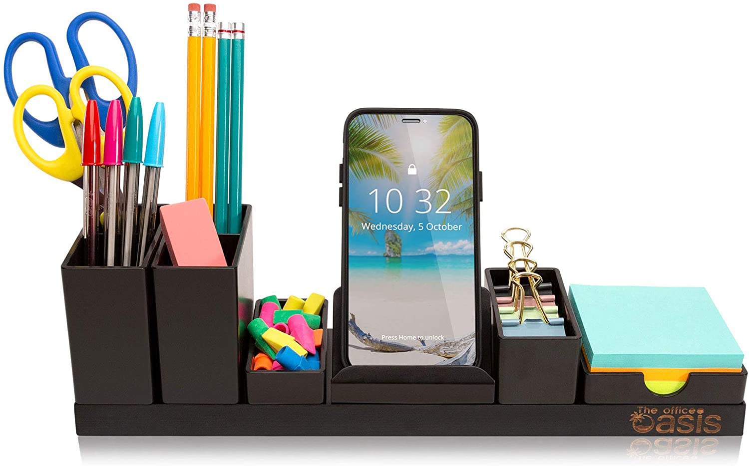 Desk Organizer with Adjustable Pen Holder, Pencil Cup, Phone Stand, Sticky Note Tray, Paperclip Storage, and Office Accessories Caddy, Desktop Organization for Cubicle or Home Office, Black