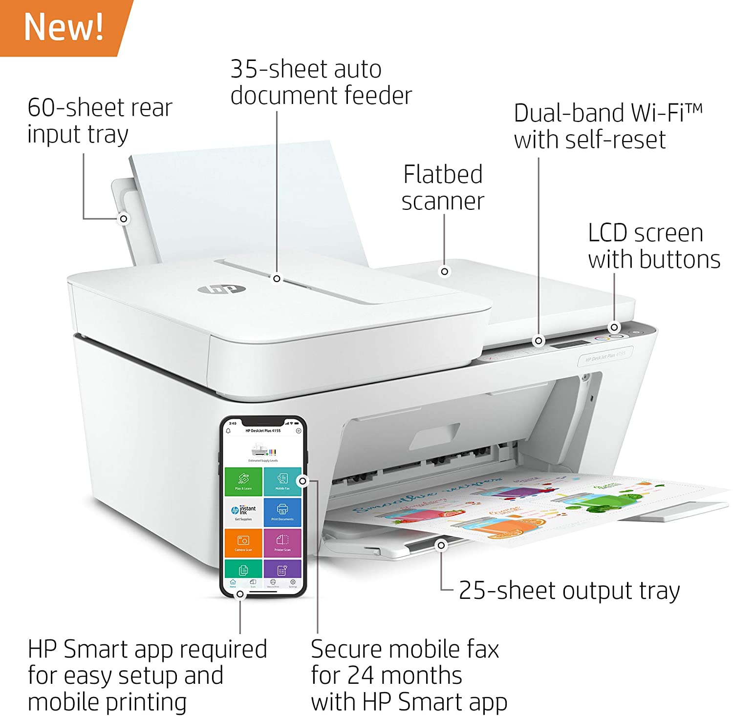 HP DeskJet Plus 4155 Wireless All-in-One Printer | Mobile Print, Scan & Copy | HP Instant Ink Ready | Auto Document Feeder (3XV13A)