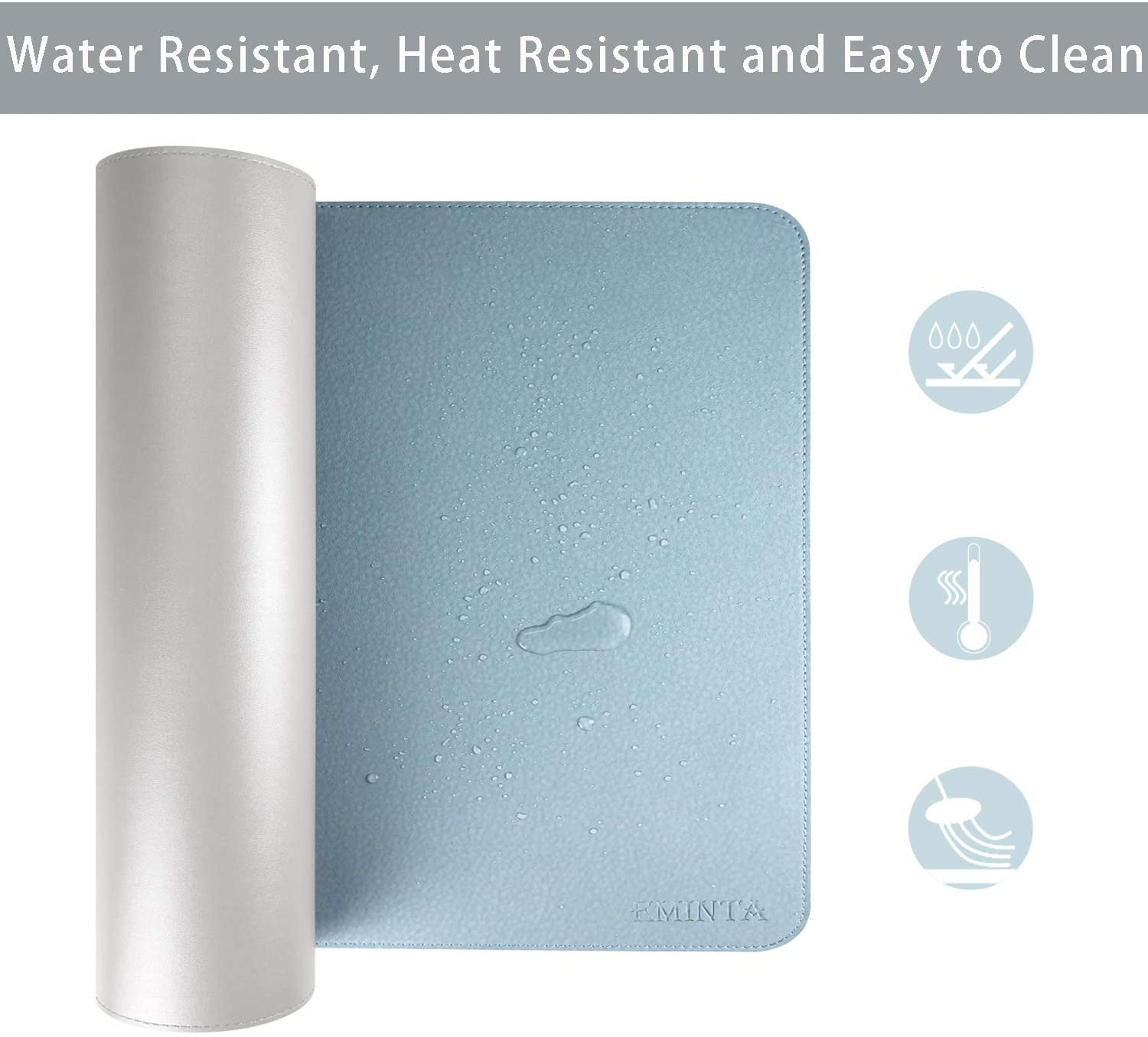 Dual-Sided Desk Pad Office Desk Mat, EMINTA Ultra Thin Waterproof PU Leather Mouse Pad Desk Blotter Protector, Desk Writing Mat for Office/Home (Light Blue/Silver, 31.5