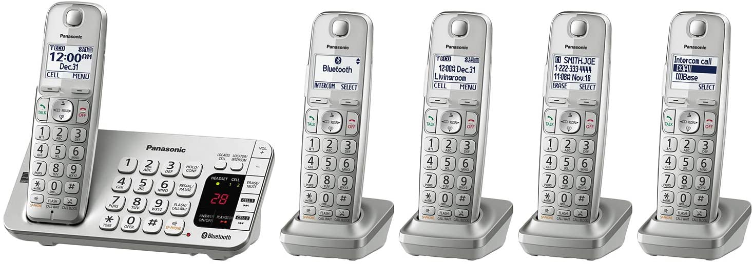Panasonic Link2Cell Bluetooth Cordless DECT 6.0 Expandable Phone System with Answering Machine and Enhanced Noise Reduction - 5 Handsets - KX-TGE475S (Silver)