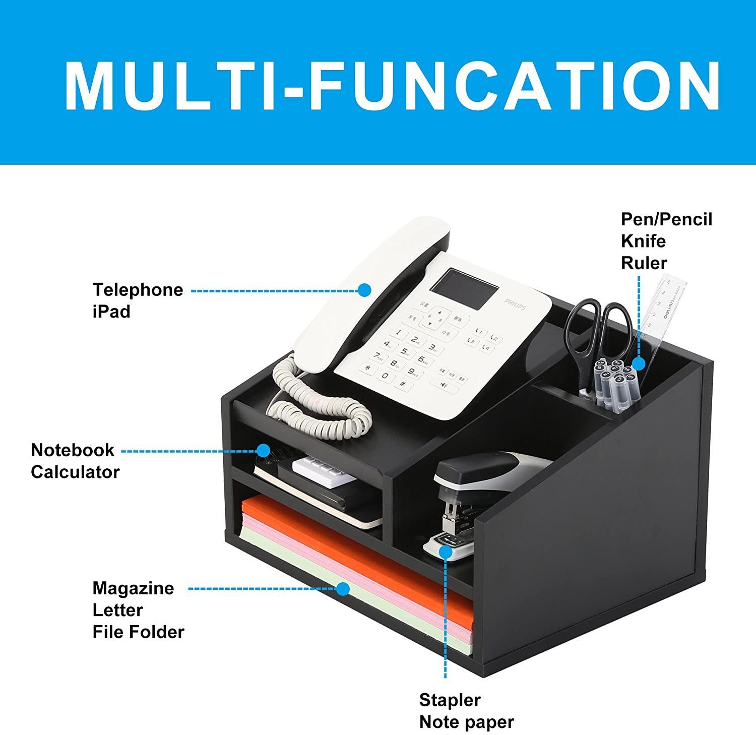 FITUEYES Wood Office Suppies Desk Organizer 5 Compartments with Letter Tray Phone Stand Pen Pencil Holder