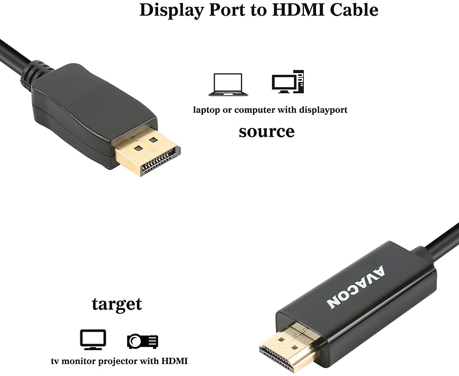DisplayPort to HDMI 6 Feet Gold-Plated Cable, Avacon Display Port to HDMI Adapter Male to Male Black