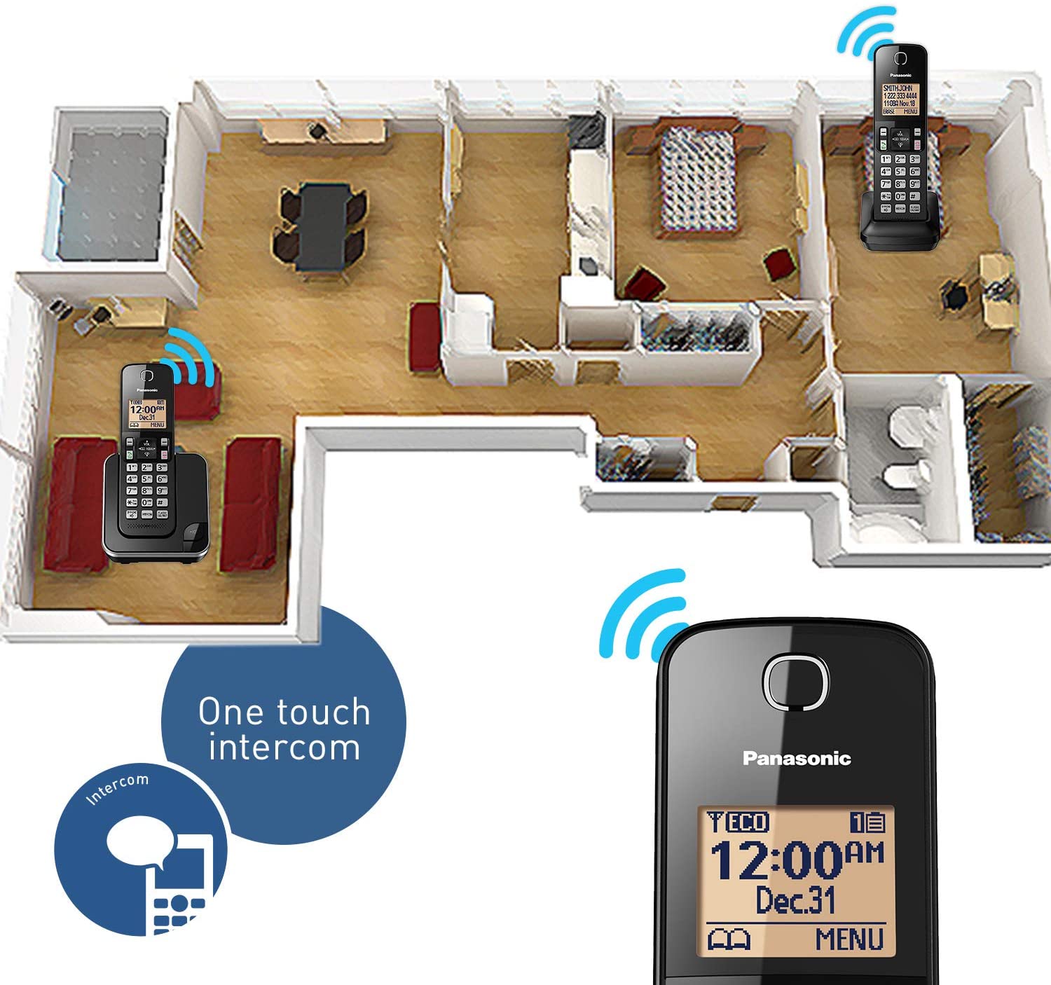 Panasonic Expandable Cordless Phone System with Amber Backlit Display – 2 Handsets – KX-TGC352B (Black)