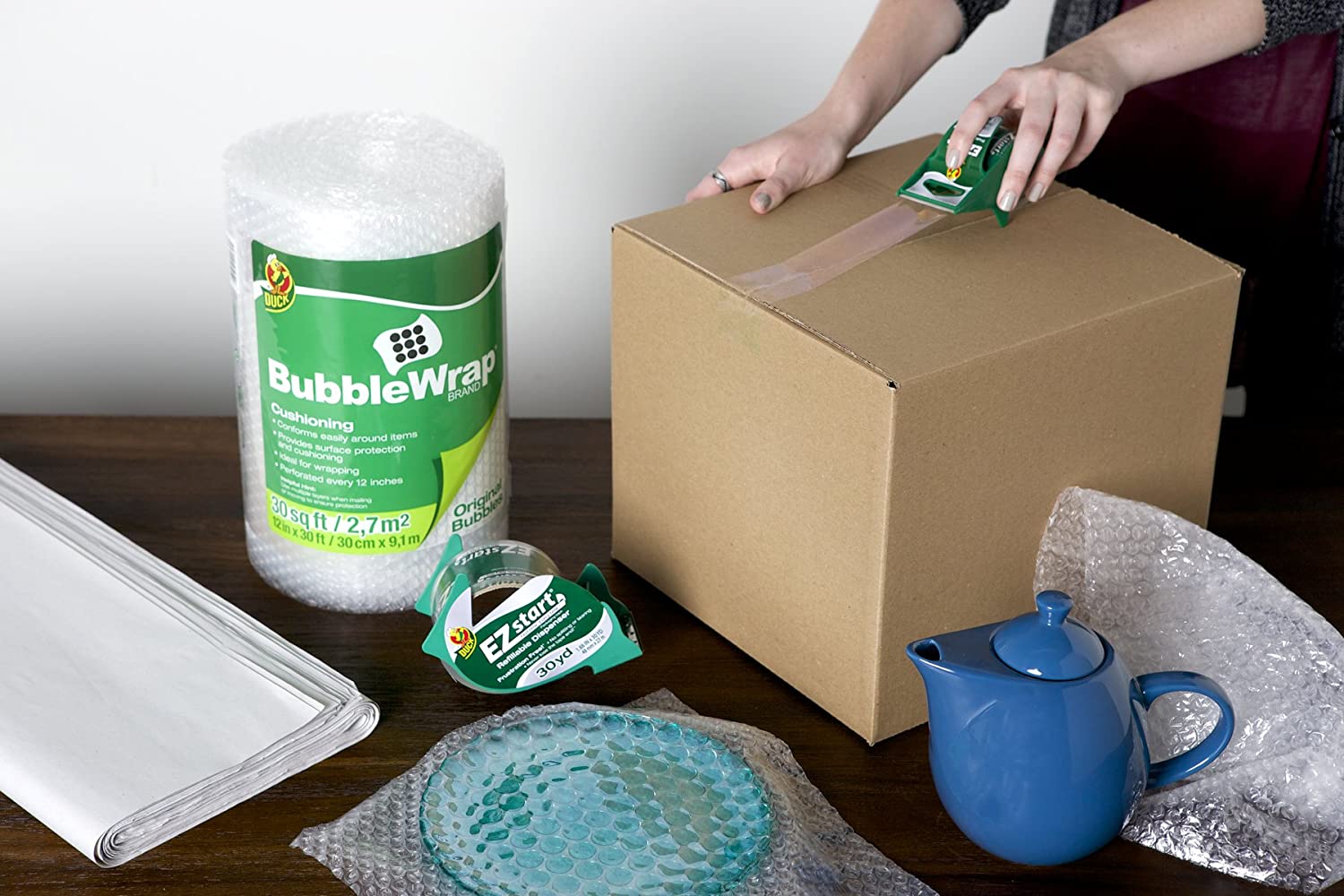 Duck EZ Start Brand Packing Tape with Dispenser, 6 Rolls, 1.88 Inch x 22.2 Yard, Clear (824922)