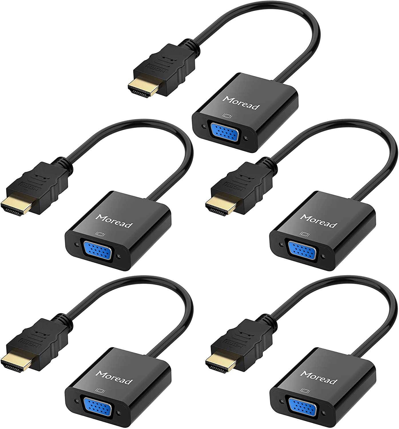 HDMI to VGA, 5 Pack, Moread Gold-Plated HDMI to VGA Adapter (Male to Female) for Computer, Desktop, Laptop, PC, Monitor, Projector, HDTV, Chromebook, Raspberry Pi, Roku, Xbox and More - Black