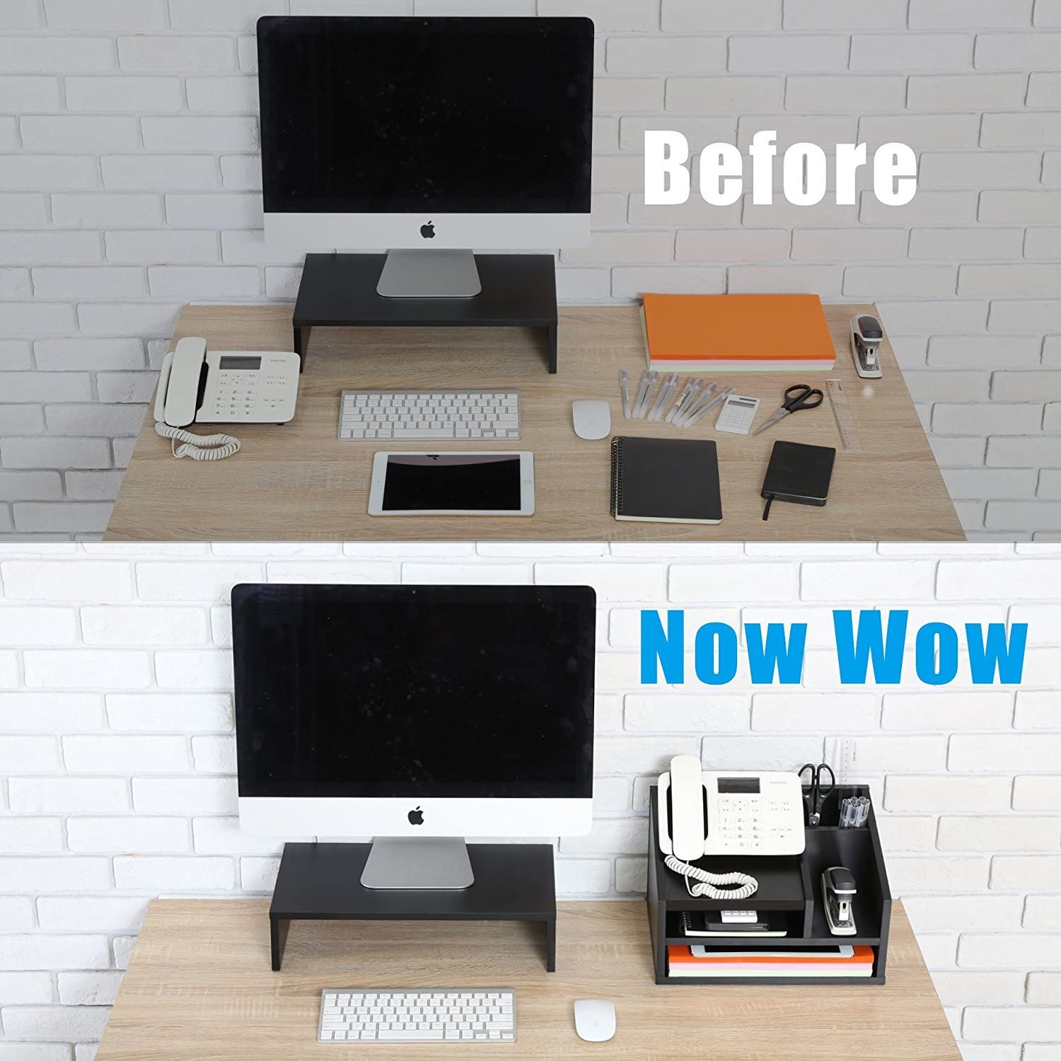 FITUEYES Wood Office Suppies Desk Organizer 5 Compartments with Letter Tray Phone Stand Pen Pencil Holder