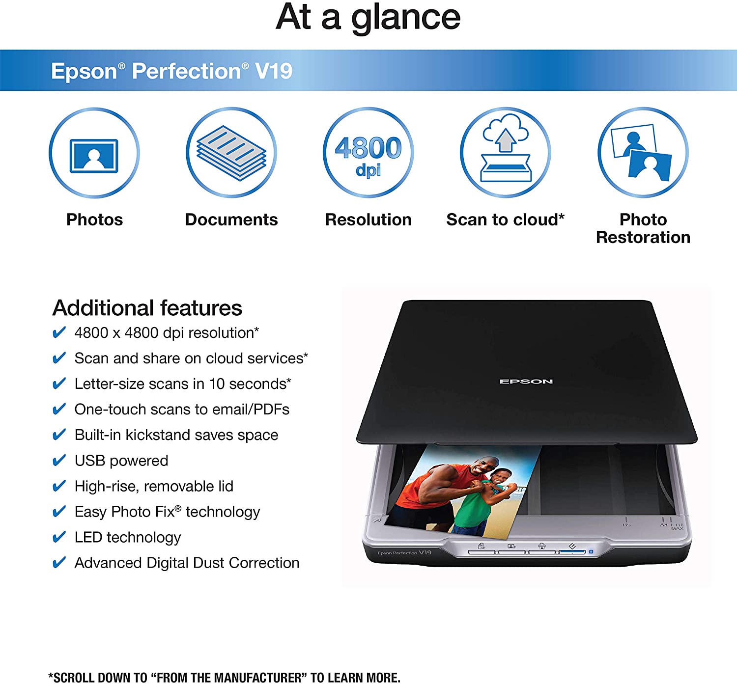 Epson Perfection V19 Color Photo & Document Scanner with scan-to-cloud & 4800 dpi optical resolution