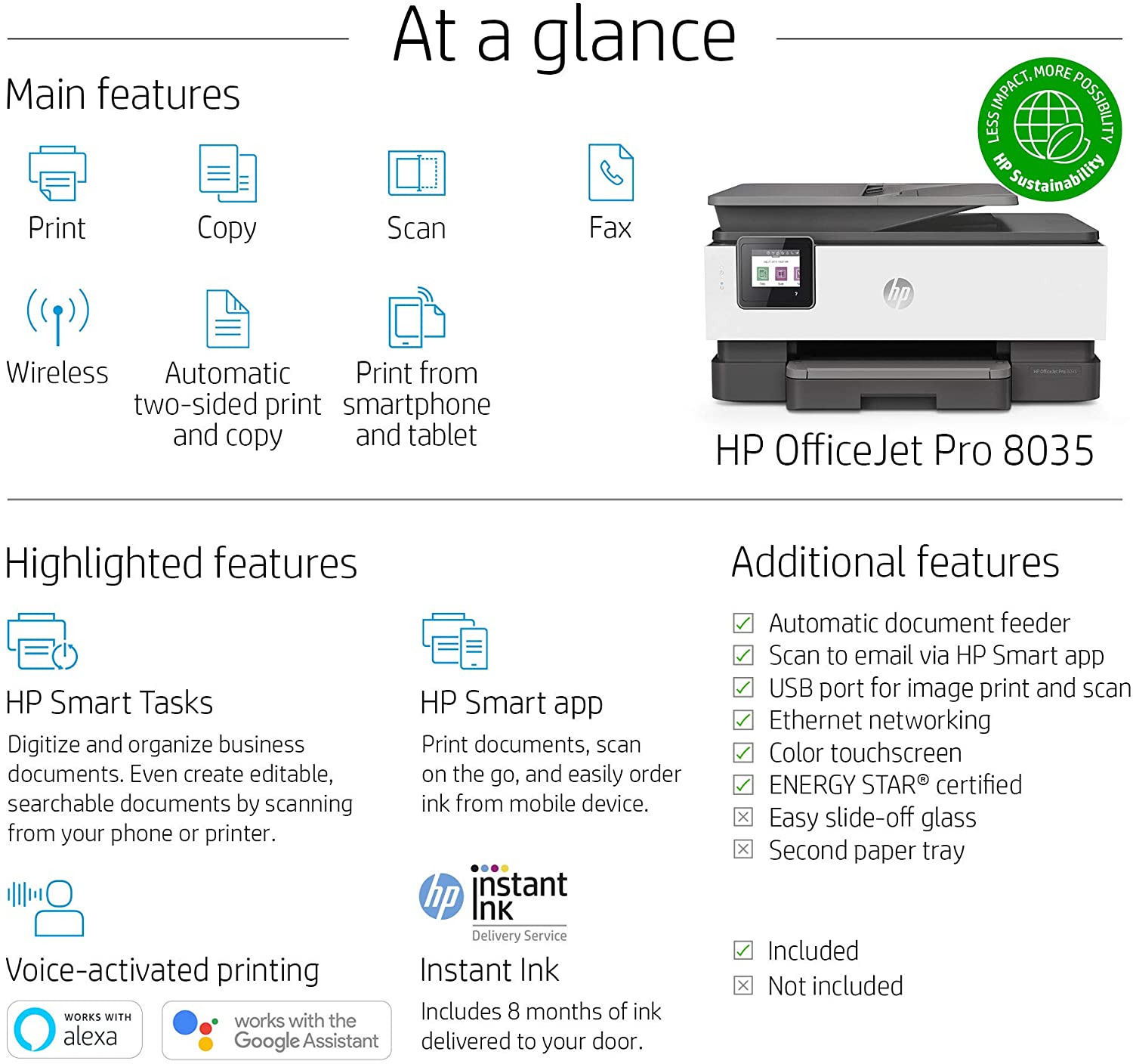 HP OfficeJet Pro 8035 All-in-One Wireless Printer - Includes 8 Months of Ink Delivered to Your Door, Smart Home Office Productivity - Basalt (5LJ23A)
