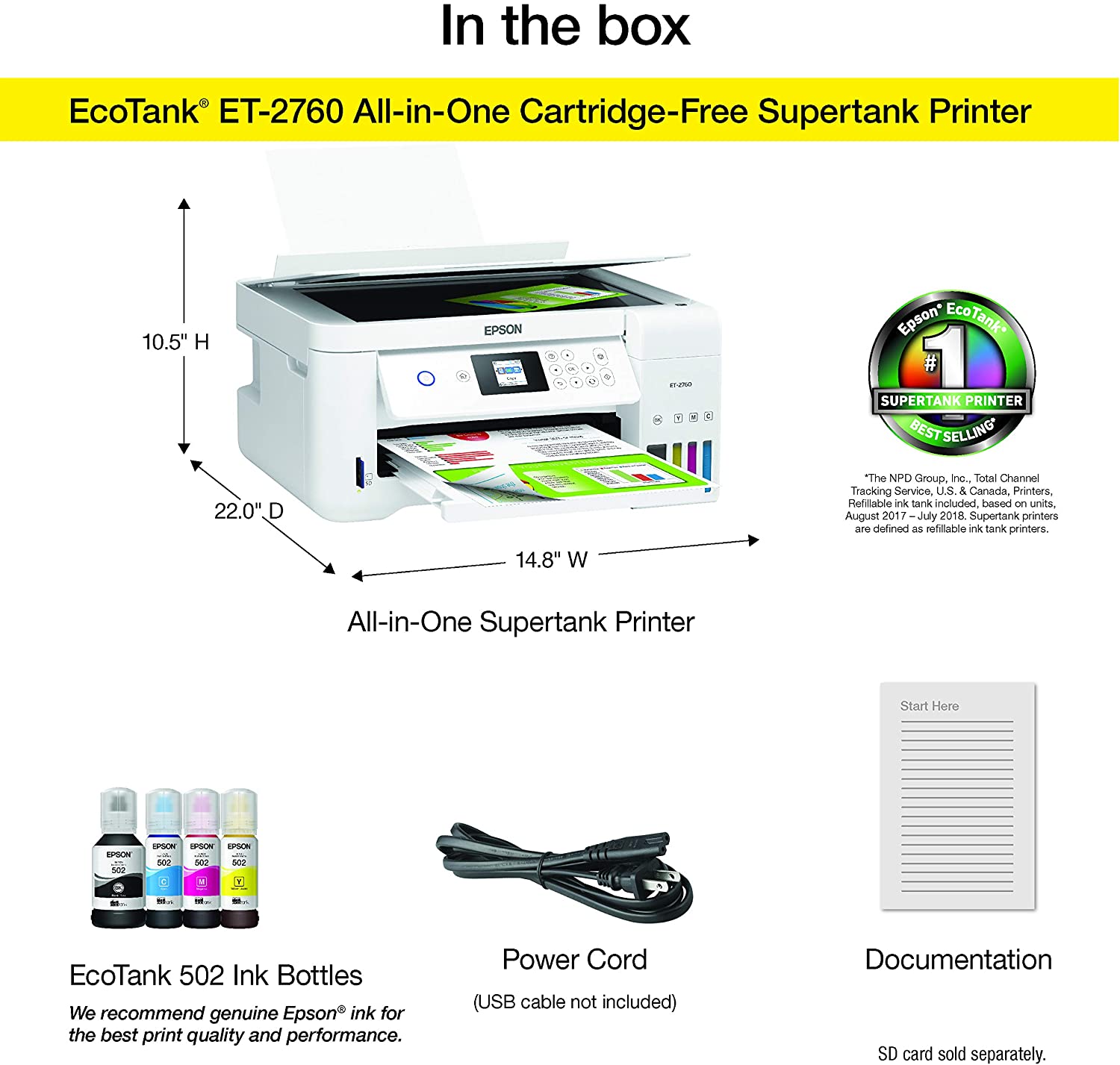 Epson EcoTank ET-2760 Wireless Color All-in-One Cartridge-Free Supertank Printer with Scanner and Copier