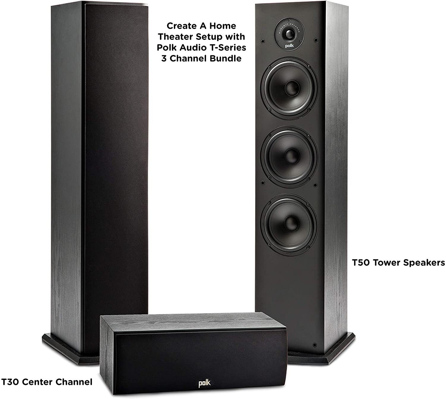 Polk Audio T Series 3 Channel Home Theater Bundle | Includes One (1) T30 Center Channel & Two (2) T50 Tower Speakers | Dolby and DTS Surround