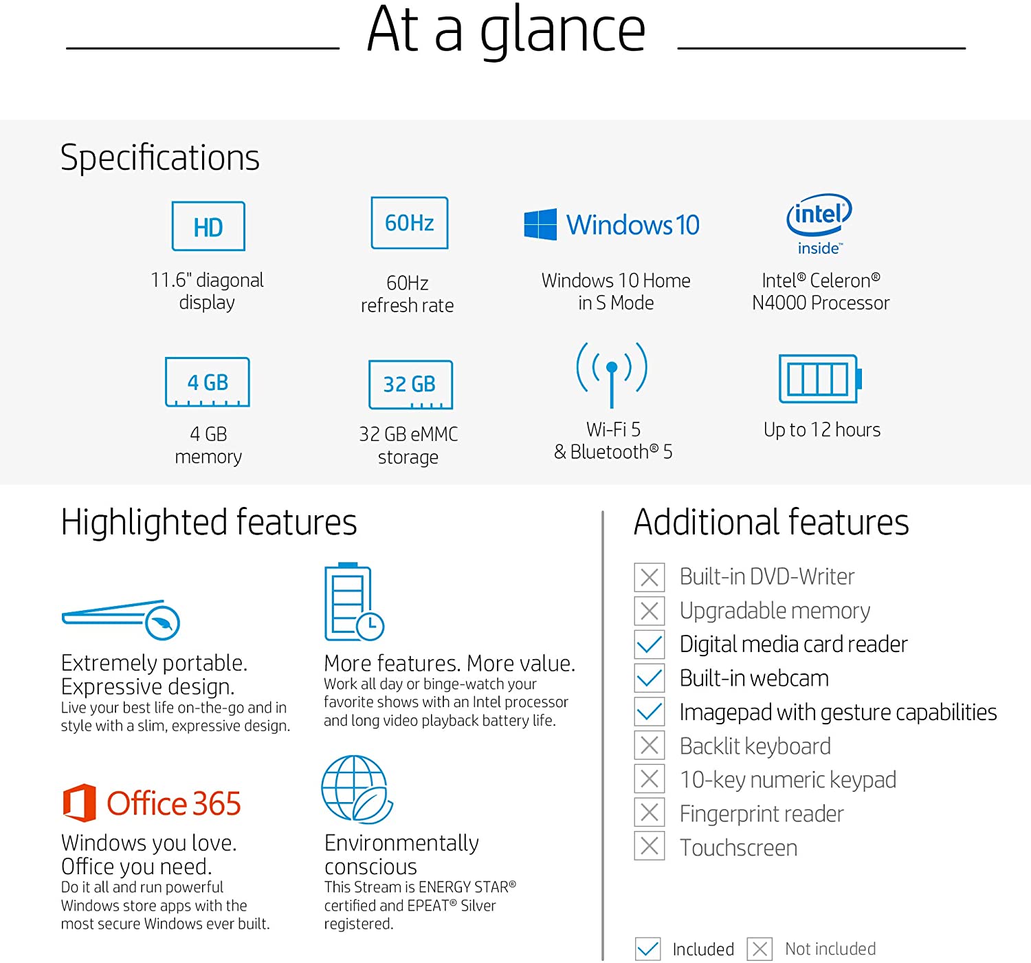 HP Stream 11-inch HD Laptop, Intel Celeron N4000, 4 GB RAM, 32 GB eMMC, Windows 10 Home in S Mode with Office 365 Personal for 1 Year (11-ak0020nr, Diamond White)