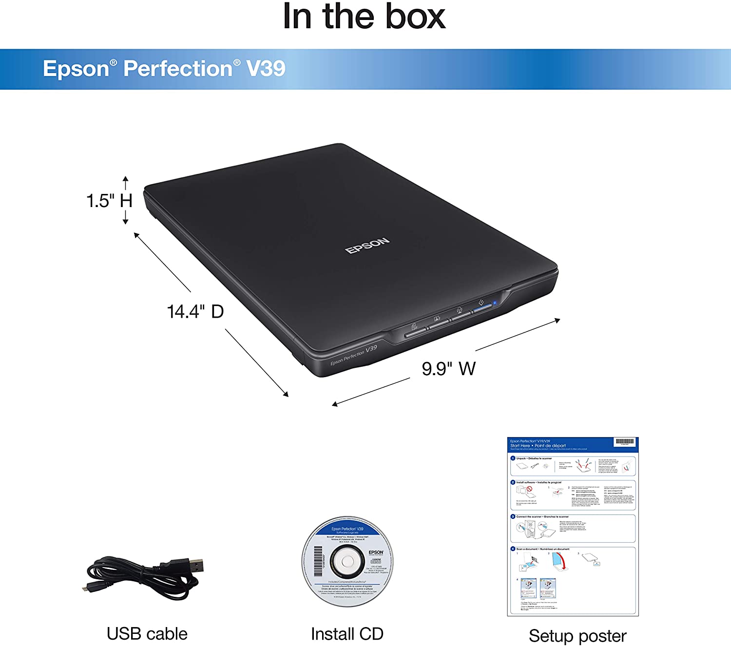 Epson Perfection V39 Color Photo & Document Scanner with Scan-To-Cloud & 4800 Optical Resolution,Black