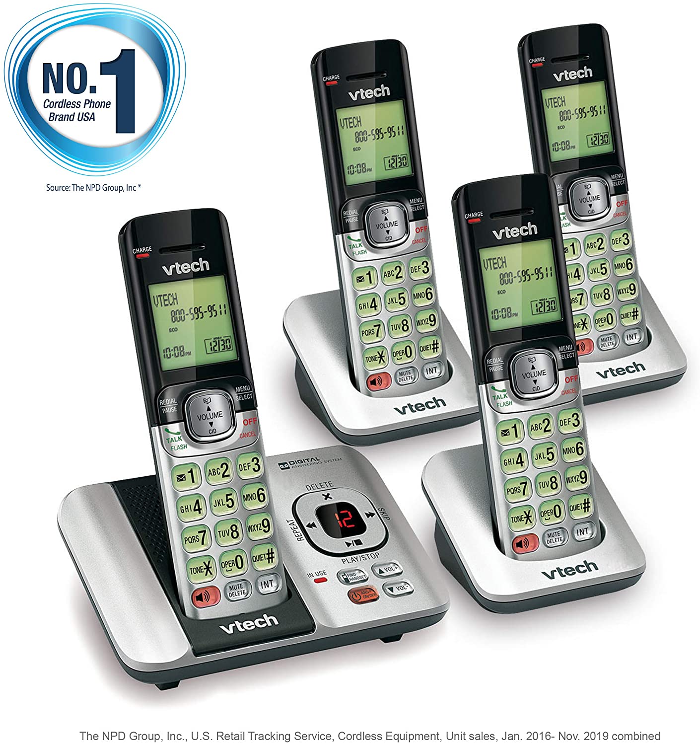 VTech CS6529-4 DECT 6.0 Phone Answering System with Caller ID/Call Waiting, 4 Cordless Handsets, Silver/Black