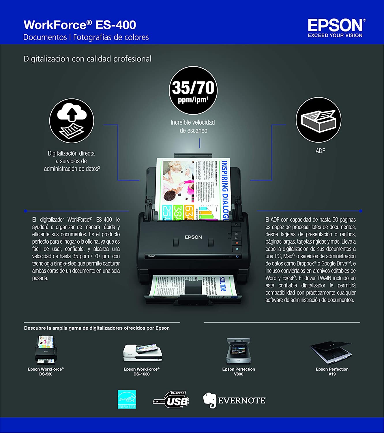 Epson WorkForce ES-400 Color Duplex Document Scanner for PC and Mac, Auto Document Feeder (ADF)