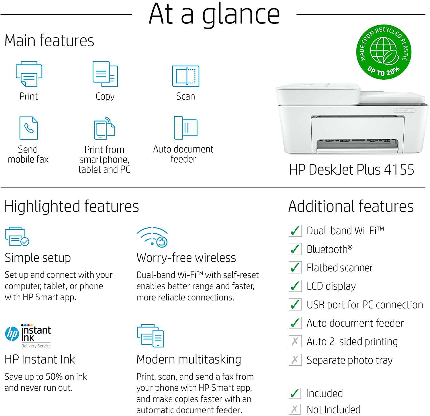 HP DeskJet Plus 4155 Wireless All-in-One Printer | Mobile Print, Scan & Copy | HP Instant Ink Ready | Auto Document Feeder (3XV13A)