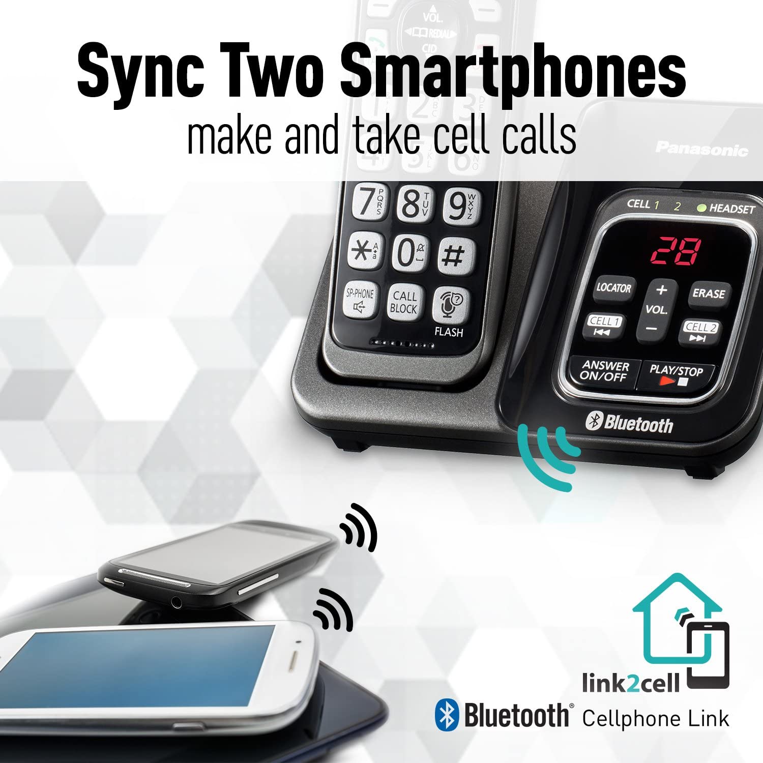 PANASONIC Expandable Cordless Phone System with Link2Cell Bluetooth, Voice Assistant, Answering Machine and Call Blocking - 4 Cordless Handsets - KX-TGD564M (Metallic Black)