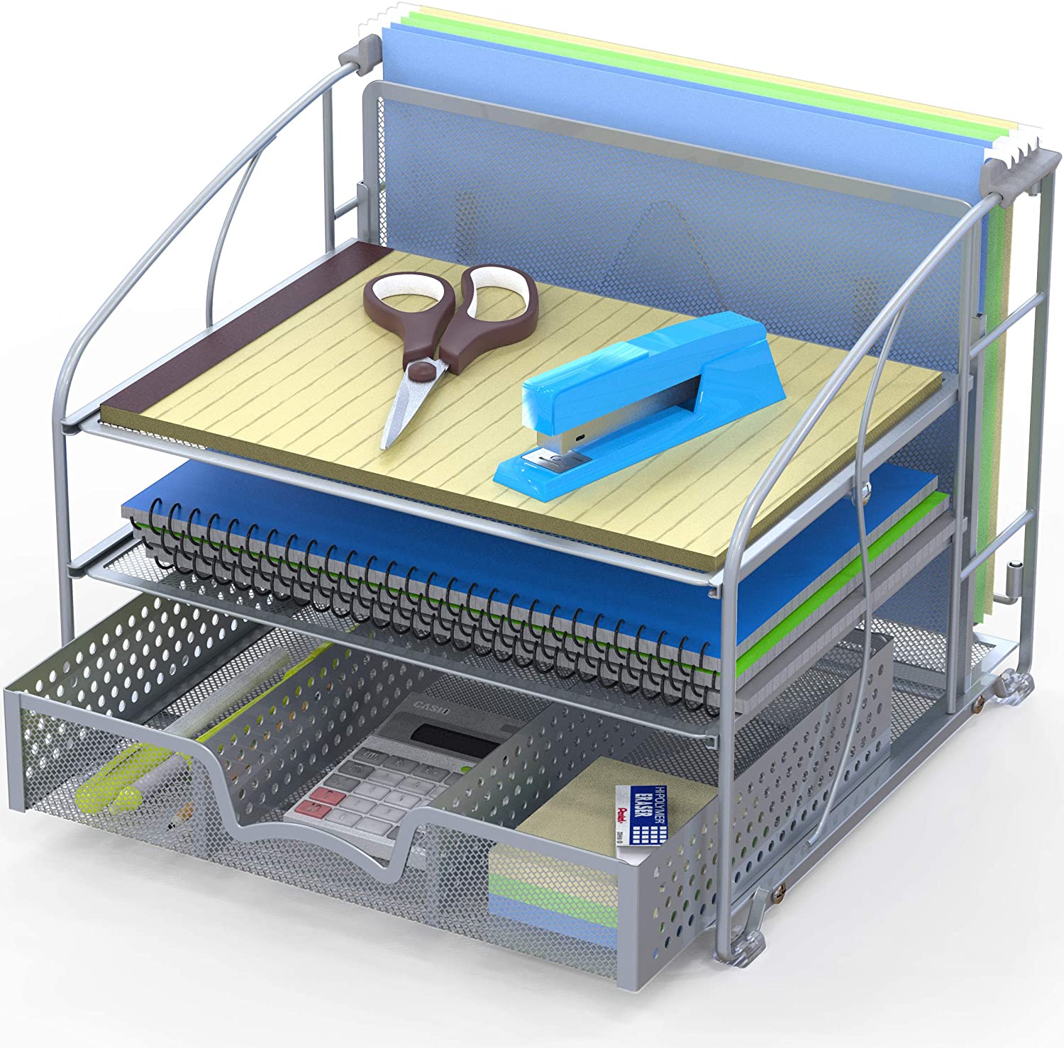 SimpleHouseware Desk Organizer 3 Tray w/Sliding Drawer and Hanging File Holder, Silver