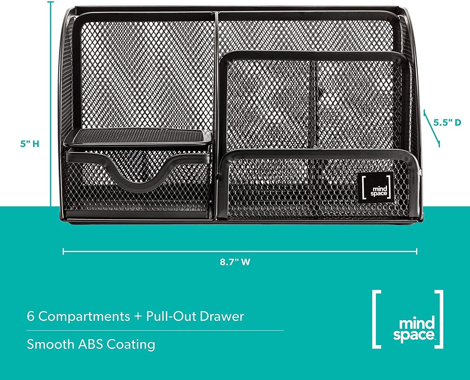 Mindspace Office Desk Organizer with 6 Compartments + Drawer | The Mesh Collection, Black