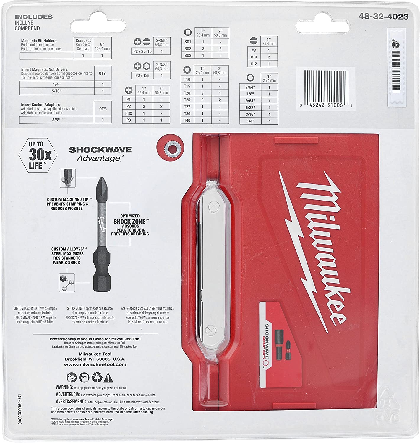Milwaukee 48-32-4023 Shockwave Impact Duty 45 Piece Heavy Duty Driver Bit Set w/Hex, Phillips, Square, and Slotted Bits