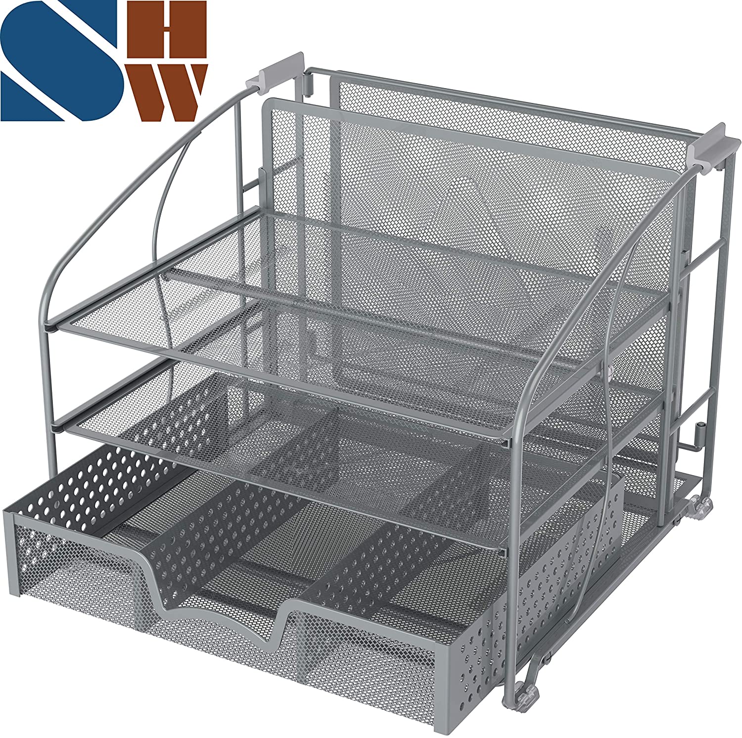 SimpleHouseware Desk Organizer 3 Tray w/Sliding Drawer and Hanging File Holder, Silver