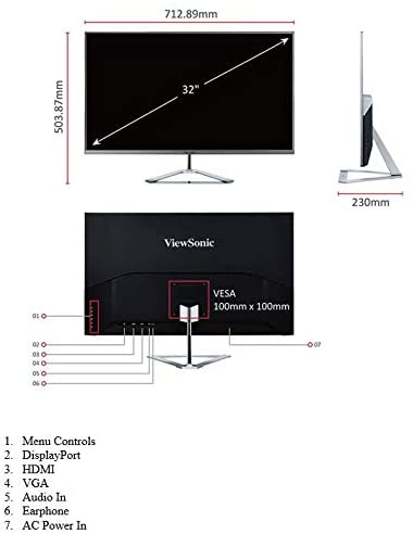 ViewSonic VX3276-MHD 32 Inch 1080p Frameless Widescreen IPS Monitor with Screen Split Capability HDMI and DisplayPort