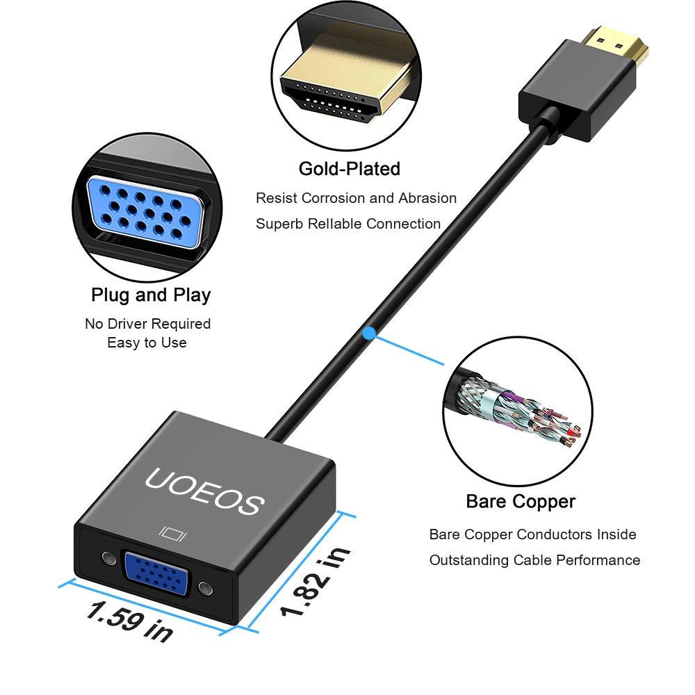 UOEOS HDMI to VGA, Gold-Plated HDMI to VGA Adapter Cable(Male to Female) with Computer, Desktop, PC, Monitor, Projector, HDTV, Chromebook, Raspberry Pi, Roku, Xbox and More(Black), VGA HDMI