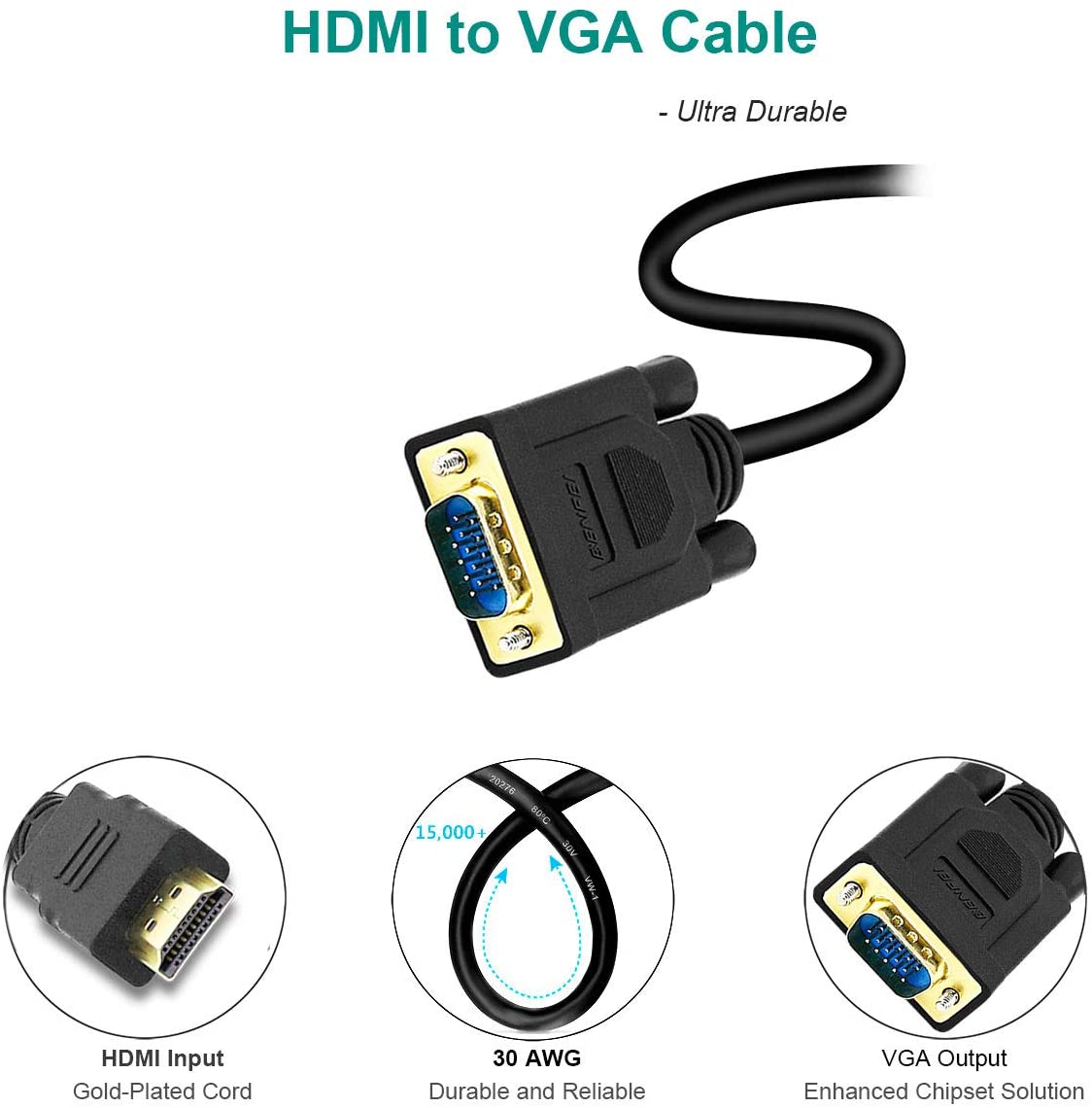 HDMI to VGA, Benfei Gold-Plated HDMI to VGA 3 Feet Cable (Male to Male) Compatible for Computer, Desktop, Laptop, PC, Monitor, Projector, HDTV, Raspberry Pi, Roku, Xbox and More