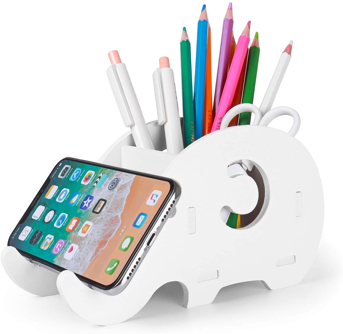 Desk Supplies Organizer, Mokani Cute Elephant Pencil Holder Multifunctional Office Accessories Desk Decoration with Cell Phone Stand Office Supplies Desk Decor Organizer Christmas Gift, White