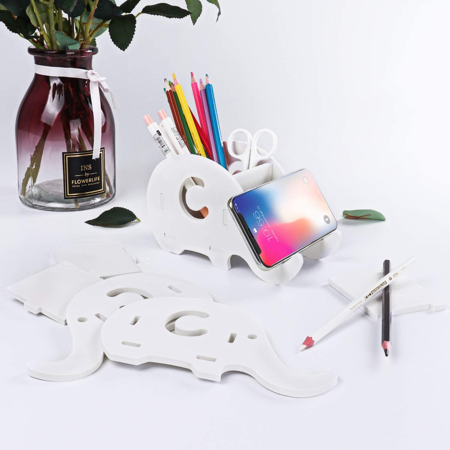 Desk Supplies Organizer, Mokani Cute Elephant Pencil Holder Multifunctional Office Accessories Desk Decoration with Cell Phone Stand Office Supplies Desk Decor Organizer Christmas Gift, White
