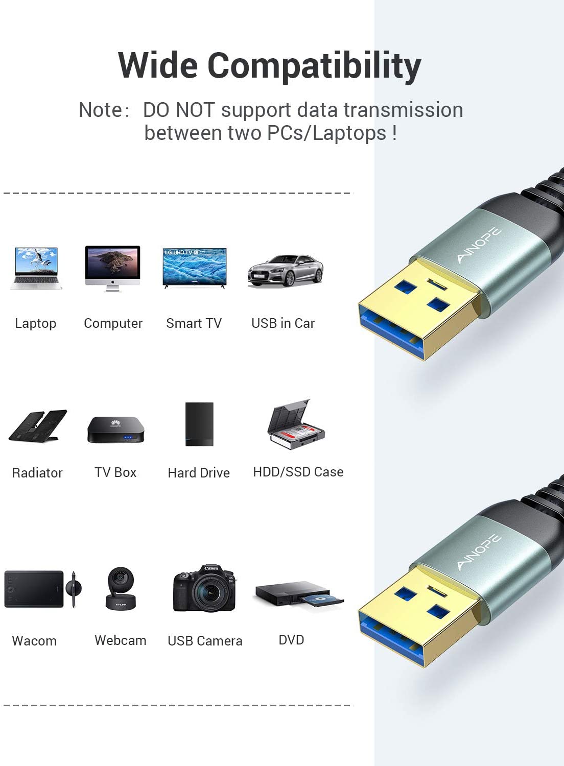 [2 Pack] USB 3.0 Cable, USB to USB Cable, USB A Male to Male Cable [3.3FT+ 3.3FT] [Never Rupture] Double End USB Cord Compatible with Hard Drive Enclosures, DVD Player, Laptop Cooler and More