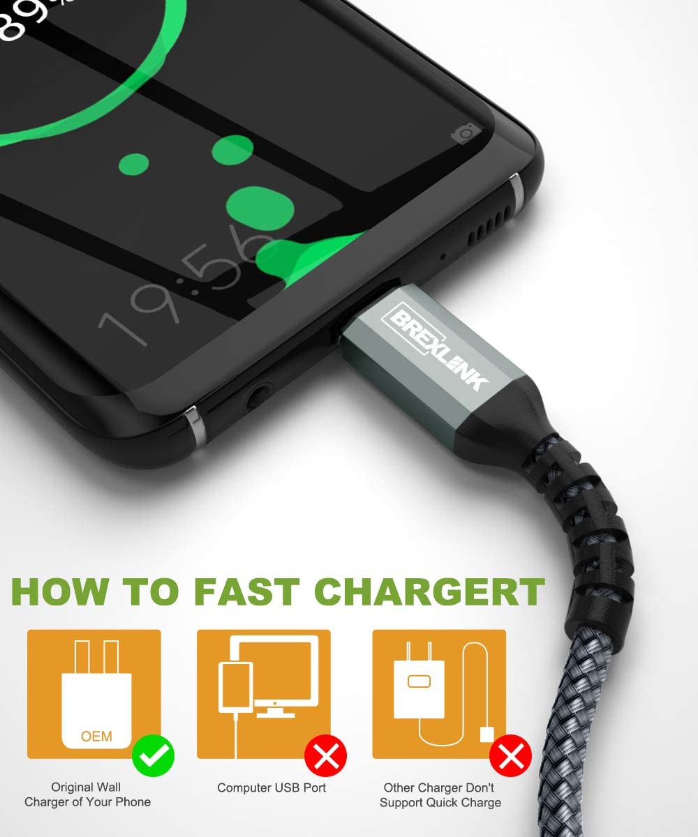 BrexLink USB 3.0 Type C Cable, USB C to USB A Charger Cable (2m 2-Pack) Charging for Samsung Galaxy S10 S9 S8 A3 A5 Note 8 9 10, Huawei P10 P9 P20 Pro, Google Pixel, LG V30 G6 (Grey)