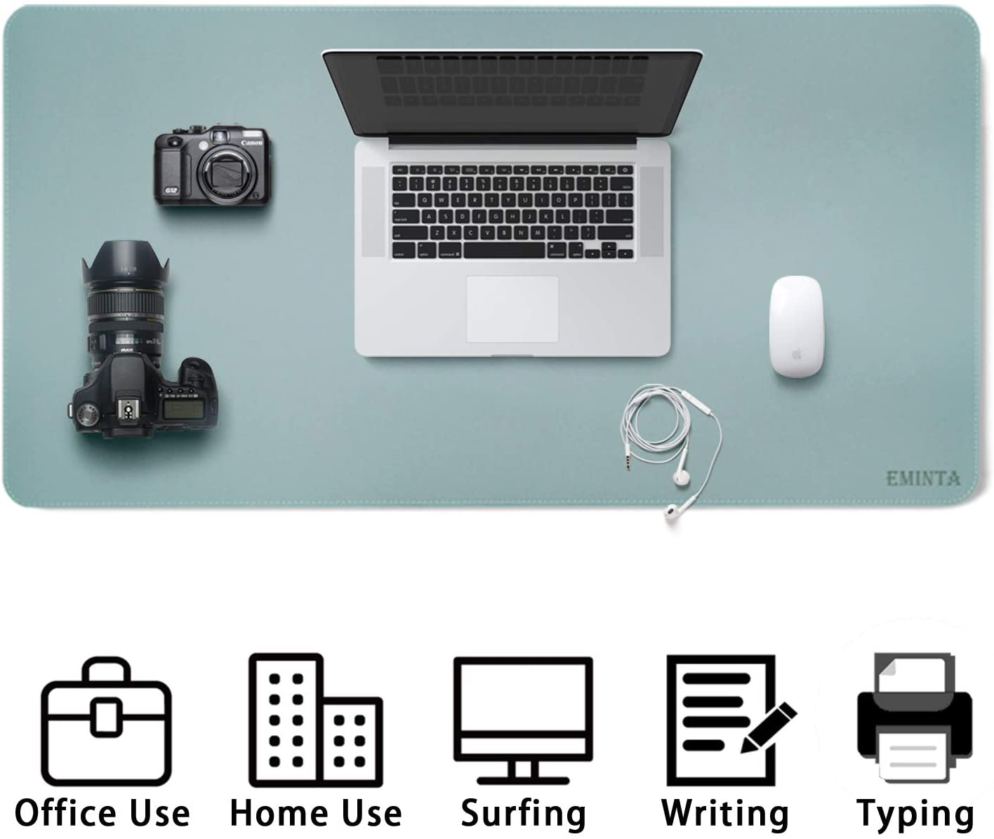 Dual-Sided Desk Pad Office Desk Mat, EMINTA Ultra Thin Waterproof PU Leather Mouse Pad Desk Blotter Protector, Desk Writing Mat for Office/Home (Light Blue/Silver, 31.5