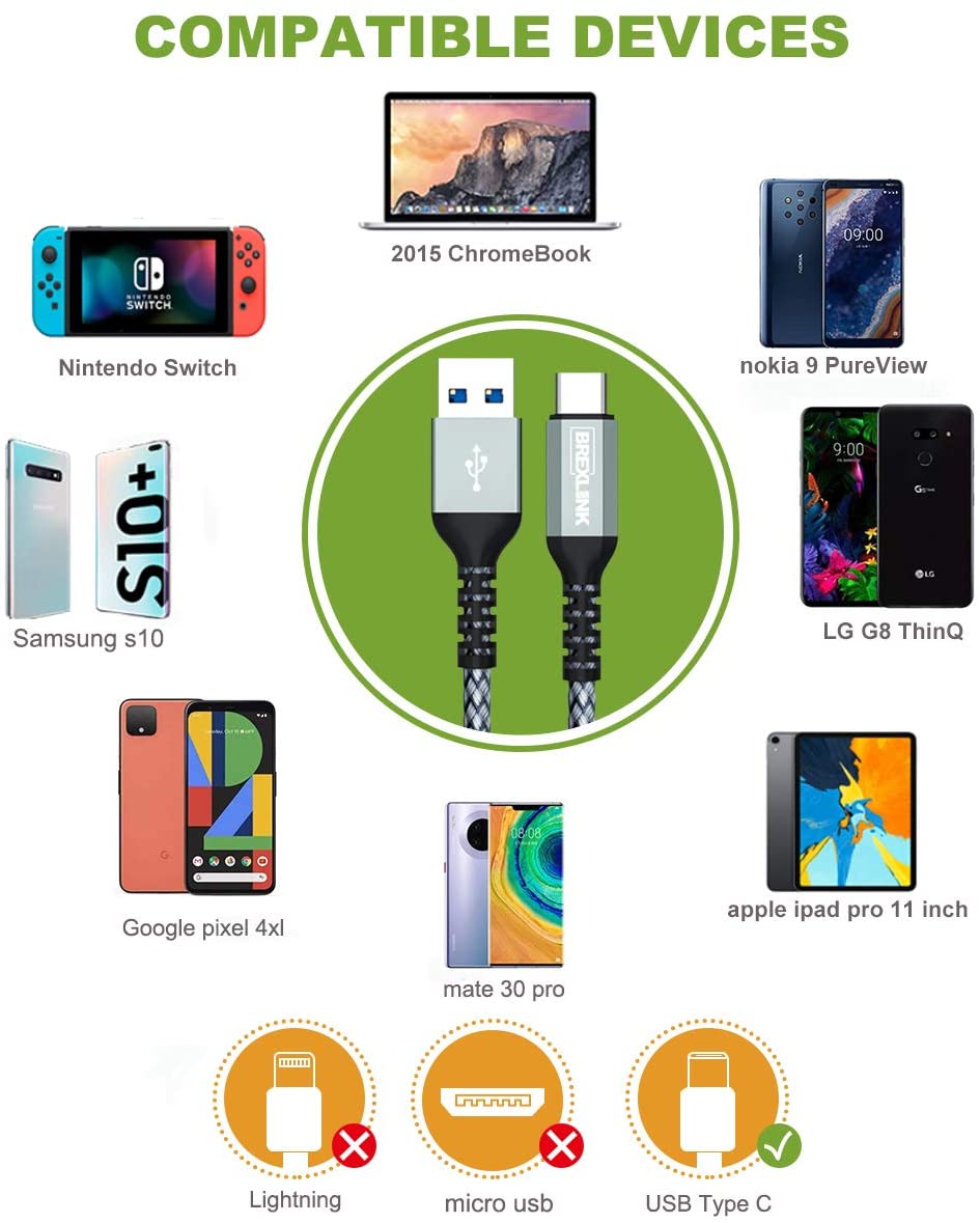 BrexLink USB 3.0 Type C Cable, USB C to USB A Charger Cable (2m 2-Pack) Charging for Samsung Galaxy S10 S9 S8 A3 A5 Note 8 9 10, Huawei P10 P9 P20 Pro, Google Pixel, LG V30 G6 (Grey)