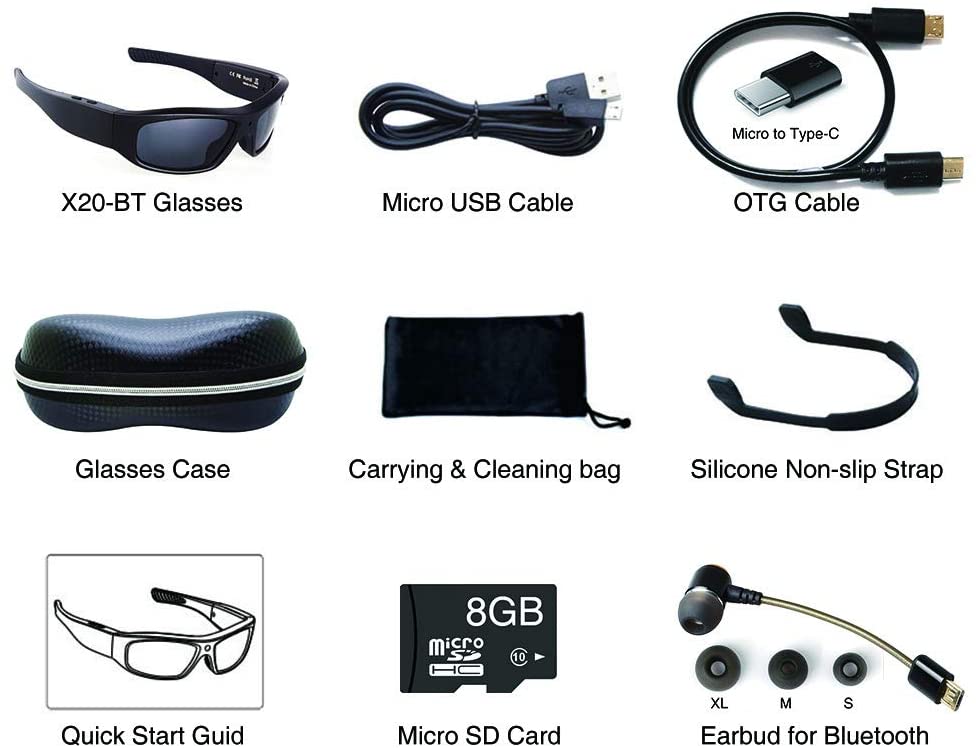 Wearable Sport Camera Glasses with Wireless Headset Video Sunglasses HD Video Glasses for Android Smartphone TR90 Glasses Frame with Polarized UV400 Lenses