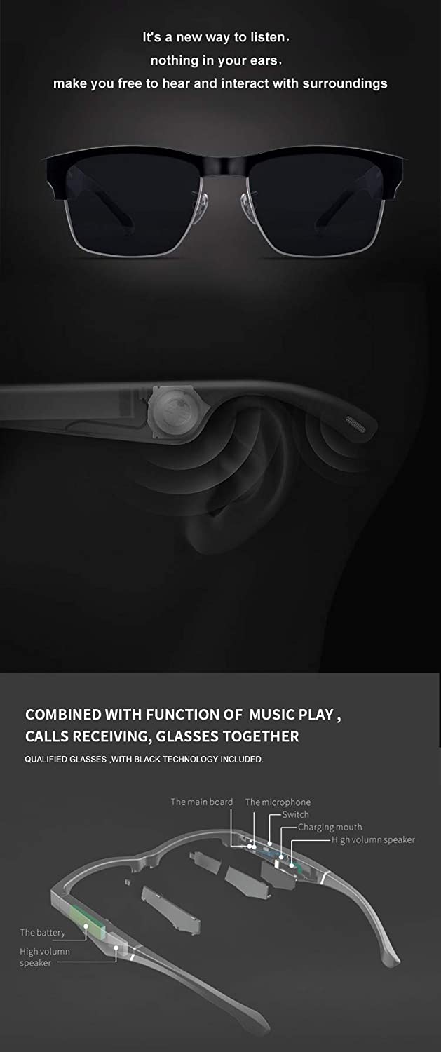 KENTKING Bluetooth Wireless Audio Sunglasses Open Ear Headset Listen Music & Hand-Free Calling with UV400 Polarized Lenses Unisex Compatible for All Smart Phones (Black Frame/Gold)