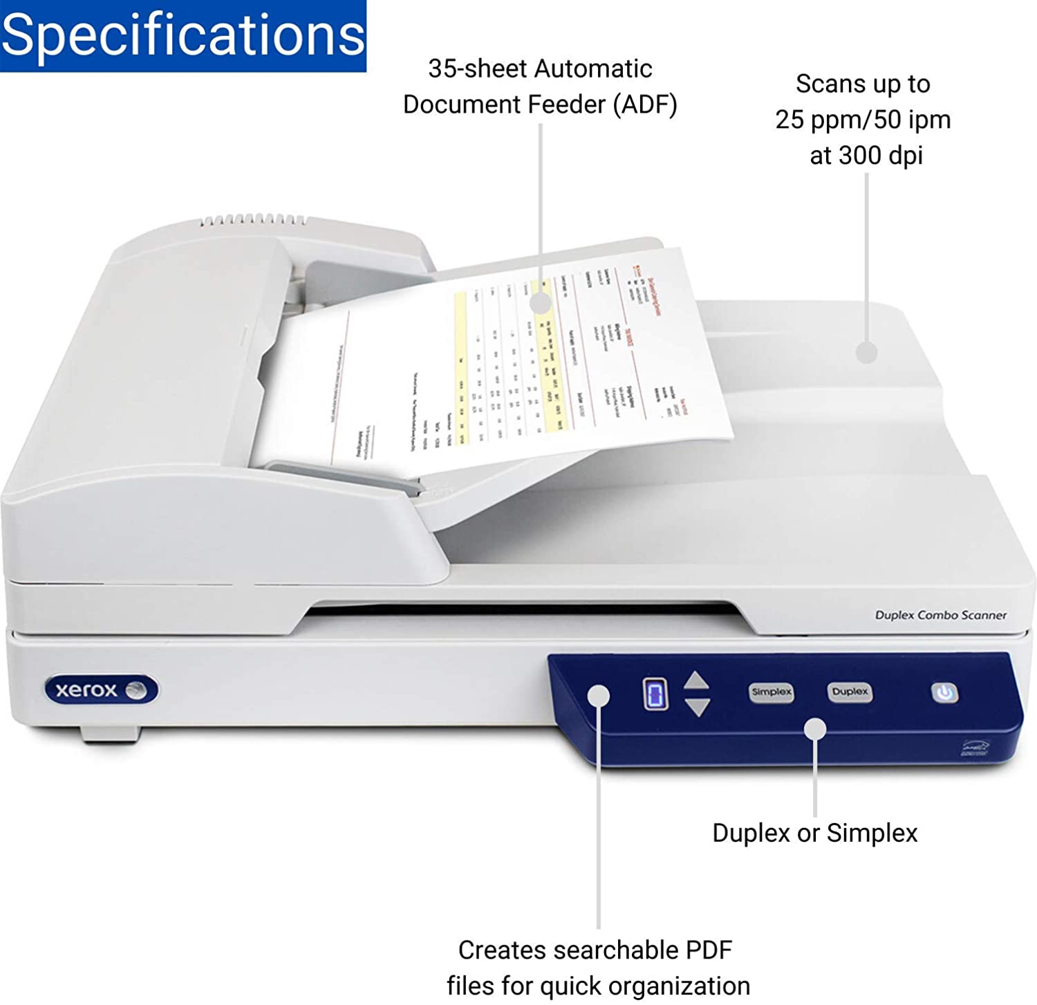 Xerox XD-COMBO Duplex Combo Flatbed Document Scanner for PC and Mac, Automatic Document Feeder (ADF)