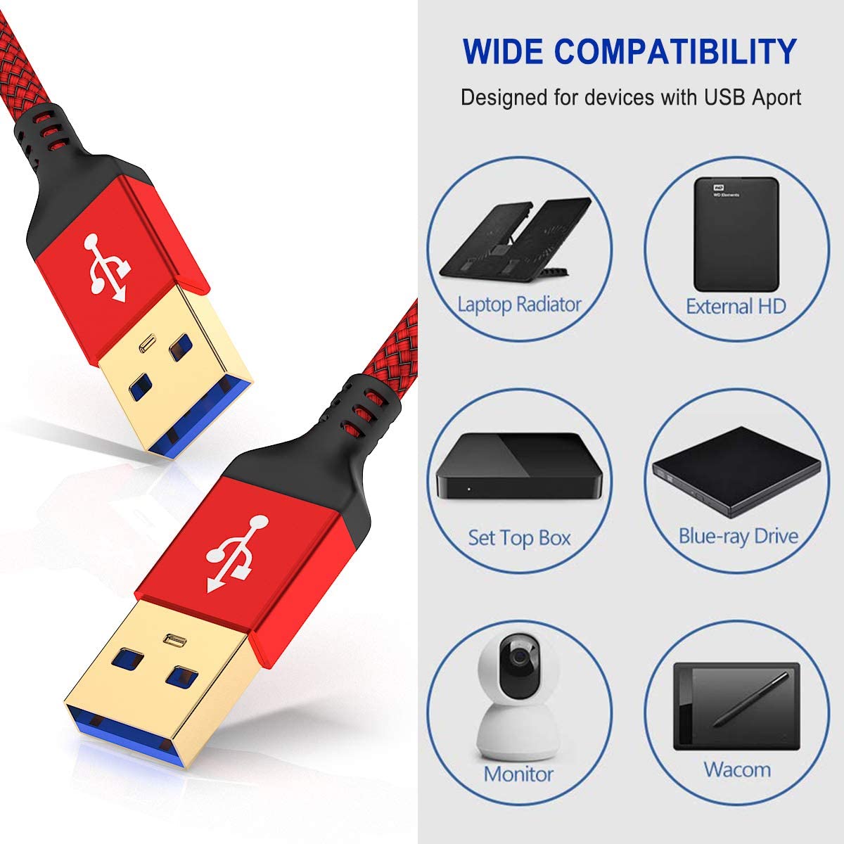 USB A to USB A 3.0 Cable 2pack(3.3ft+6.6ft),AkoaDa USB A Male to A Male Cable Double End USB Cord Compatible with Data Transfer Hard Drive Enclosures,Cameras,DVD Player,Laptop Cooler and More(Red)