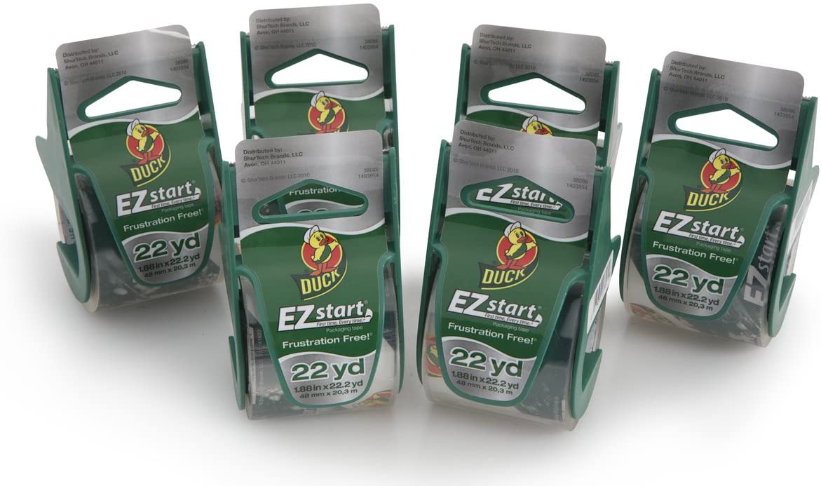 Duck EZ Start Brand Packing Tape with Dispenser, 6 Rolls, 1.88 Inch x 22.2 Yard, Clear (824922)