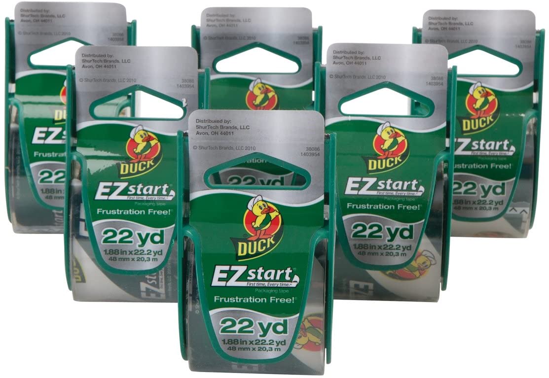 Duck EZ Start Brand Packing Tape with Dispenser, 6 Rolls, 1.88 Inch x 22.2 Yard, Clear (824922)