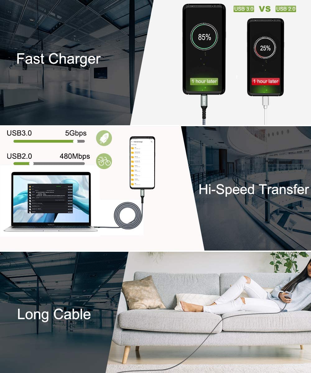 BrexLink USB 3.0 Type C Cable, USB C to USB A Charger Cable (2m 2-Pack) Charging for Samsung Galaxy S10 S9 S8 A3 A5 Note 8 9 10, Huawei P10 P9 P20 Pro, Google Pixel, LG V30 G6 (Grey)